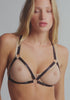 model is wearing a size 1 bra harness - black saint reversible bra harness