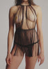 model is wearing an S dress - black liora fringe dress