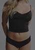 model is wearing an S cami - black the micro lace trim cami