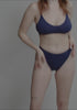 model is wearing an S panty - blue the rib high leg bikini