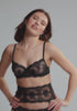 model is wearing an S panty - black violine bikini