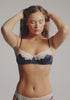 model is wearing a 32C bra - blue,multi luster unlined balconette bra