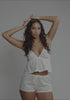 model is wearing an S short - white wander embroidered eyelet short