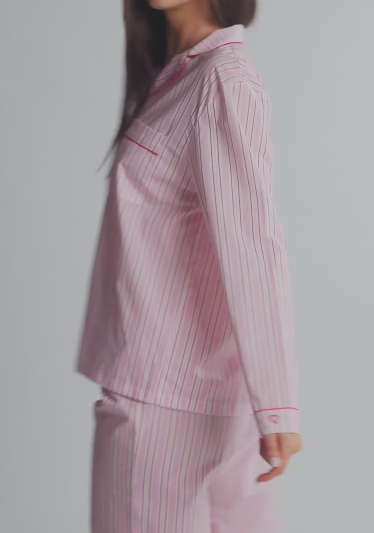 model is wearing an S pajama set - multi eddie pajama set