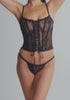model is wearing an S corset - black ophelia corset