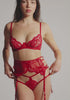 model is wearing an S/M garter belt - red vice garter belt