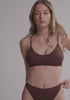 model is wearing an S panty - brown the rib high leg thong